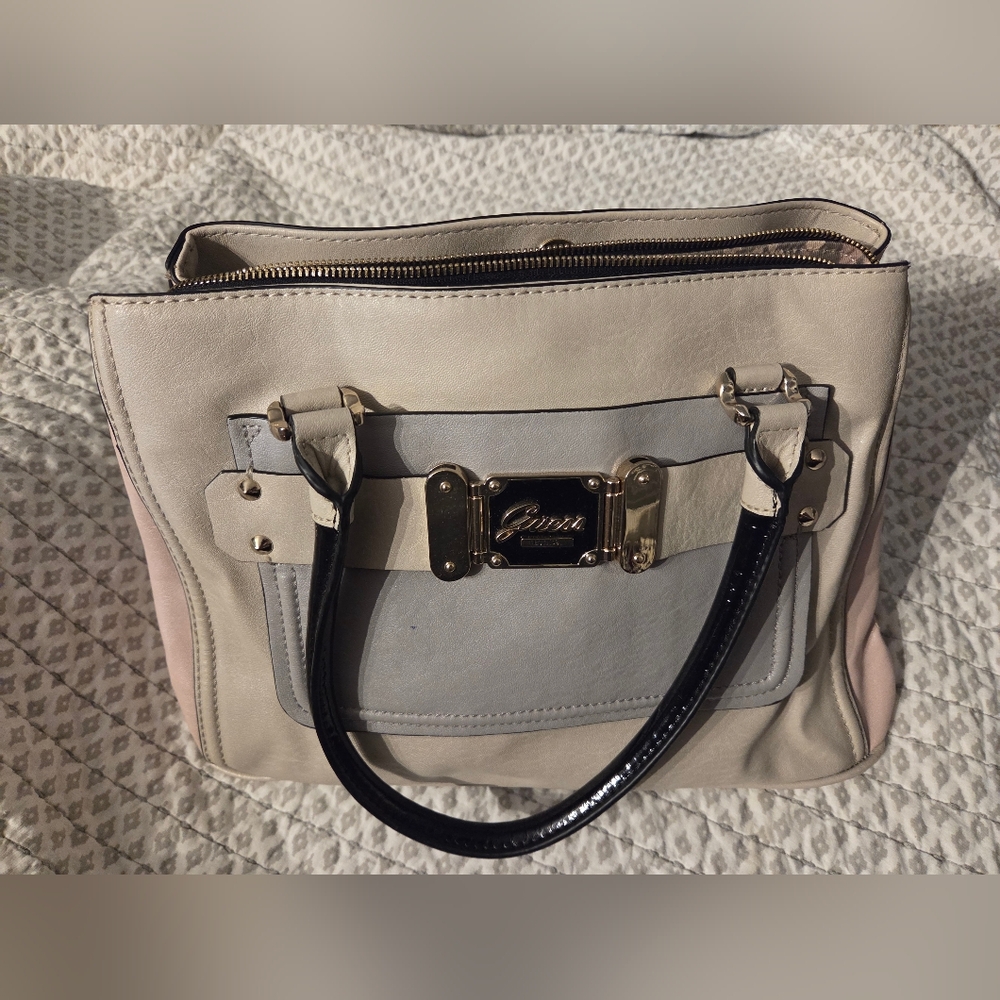 Guess Cream and Gray Satchel with Black Handles